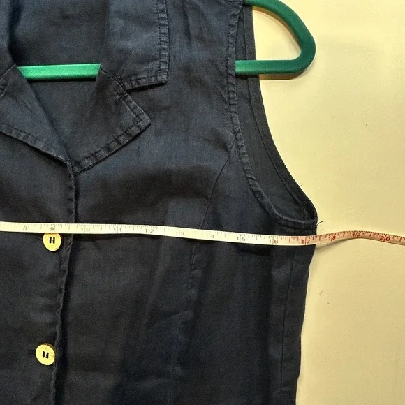 MNG Mango Navy Blue 100% Linen Shirt Dress Sleeveless Brown Button Up - Picture 5 of 9